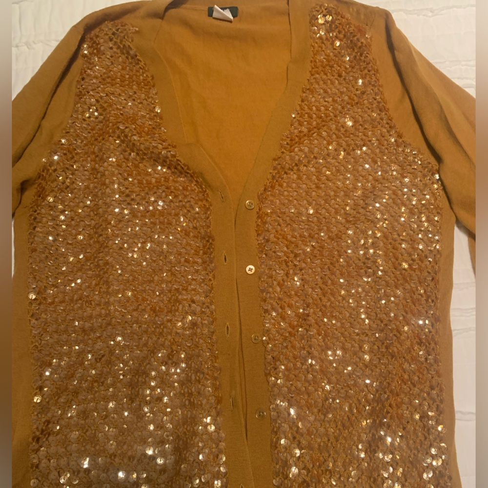Golden J. Crew cardigan with knit netting and sequins. Size XL.